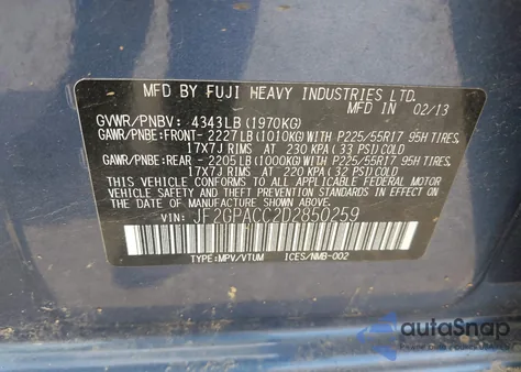 2013 Subaru Xv Crosstrek 2.0I Premium из США, поврежденный, VIN JF2GPACC2D2850259